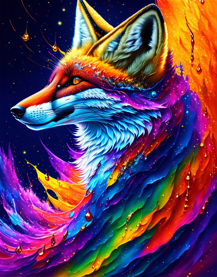 Colorful Digital Painting of a Fox with Rainbow Swirls