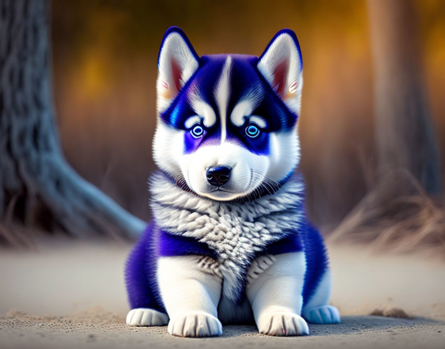 Blue-eyed Siberian Husky puppy with thick grey and white fur in autumn setting