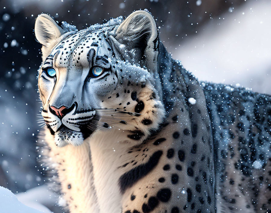 Snow leopard with piercing eyes in falling snowflakes and black rosettes.