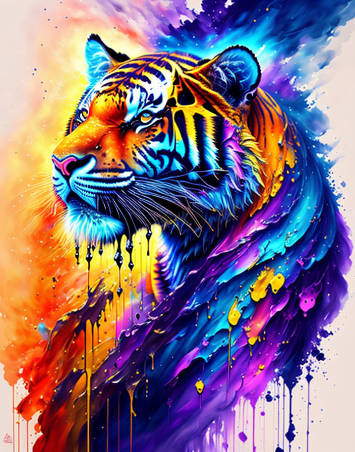 Colorful Abstract Tiger Artwork with Dripping Paint Effects