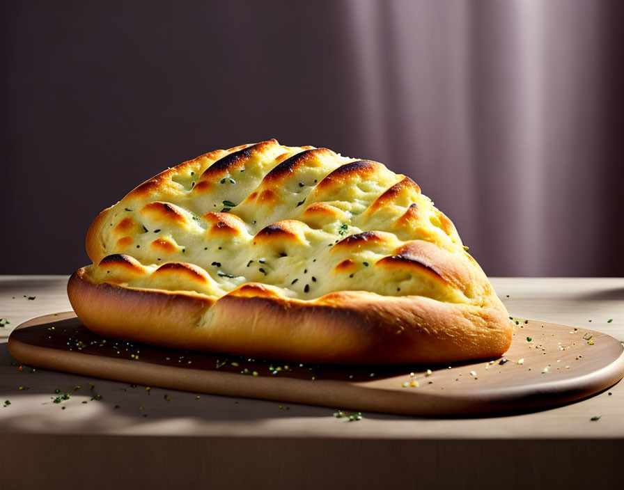 Golden Crusted Bread on Wooden Board with Herbs and Sesame Seeds