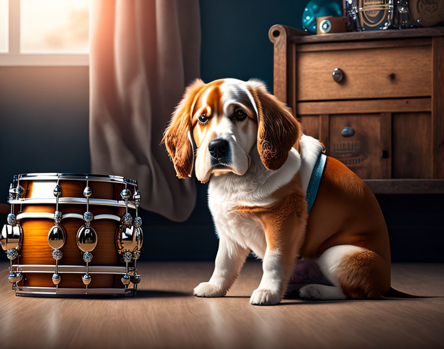 Brown and White Dog Next to Snare Drum and Furniture