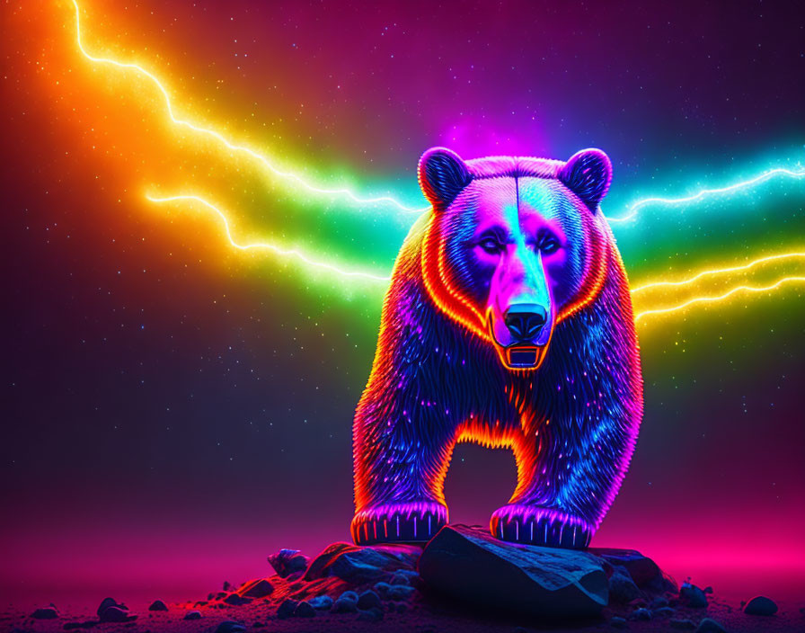 Colorful Bear with Neon Lights Background