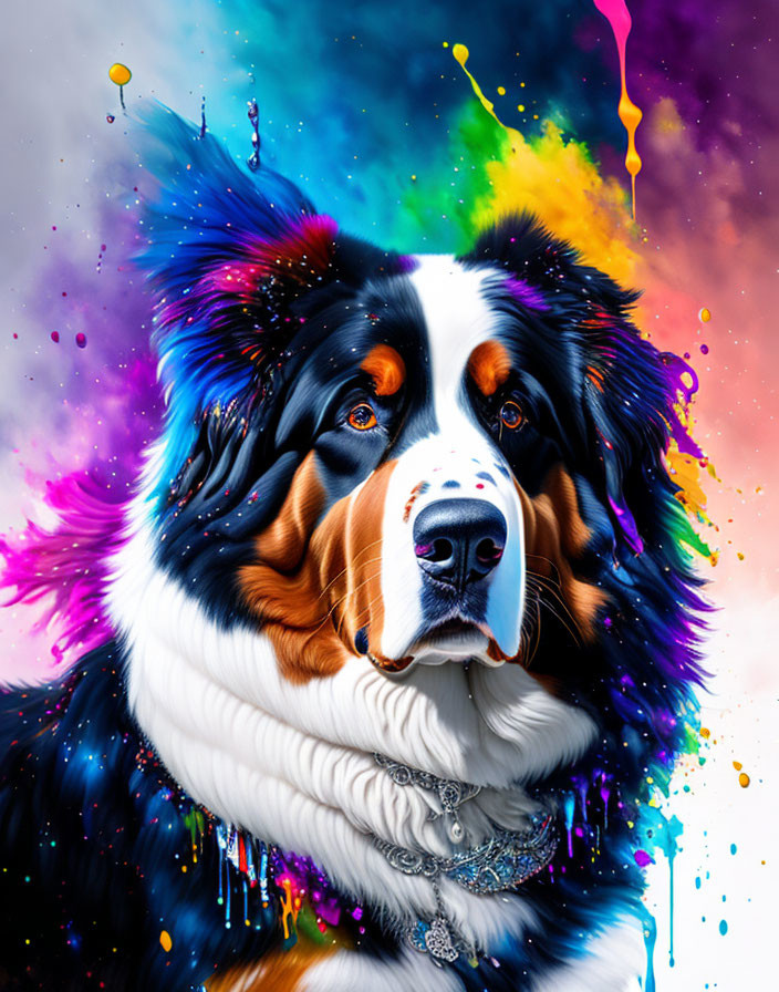 Colorful Bernese Mountain Dog digital art with paint-splatter background & silver collar