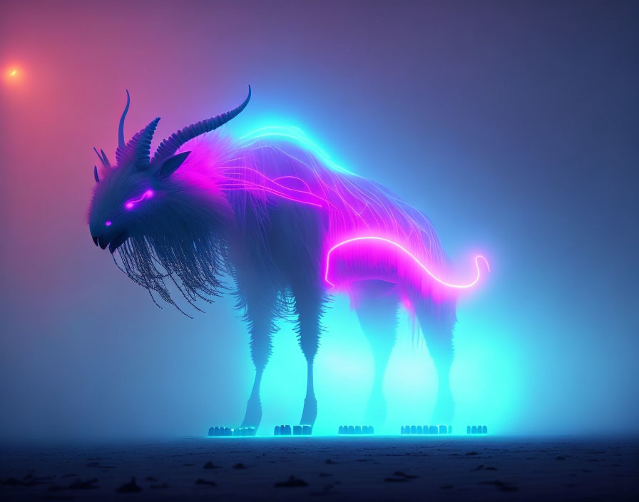 Mythical neon-lit goat with long horns in misty scene