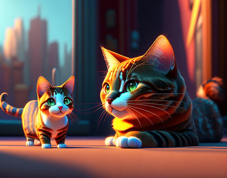 Two animated cats on floor with city skyline at sunset