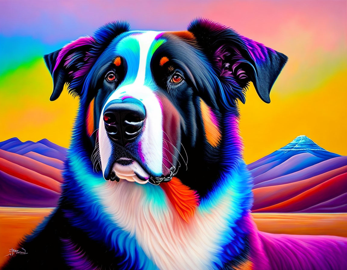 Colorful Dog Portrait in Psychedelic Rainbow Landscape