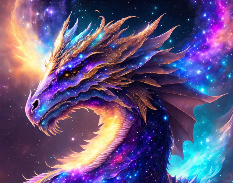 Vibrant cosmic dragon with shimmering scales in nebula backdrop