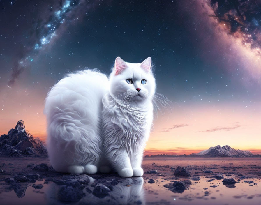 Fluffy white cat with blue eyes under starry sky and mountains