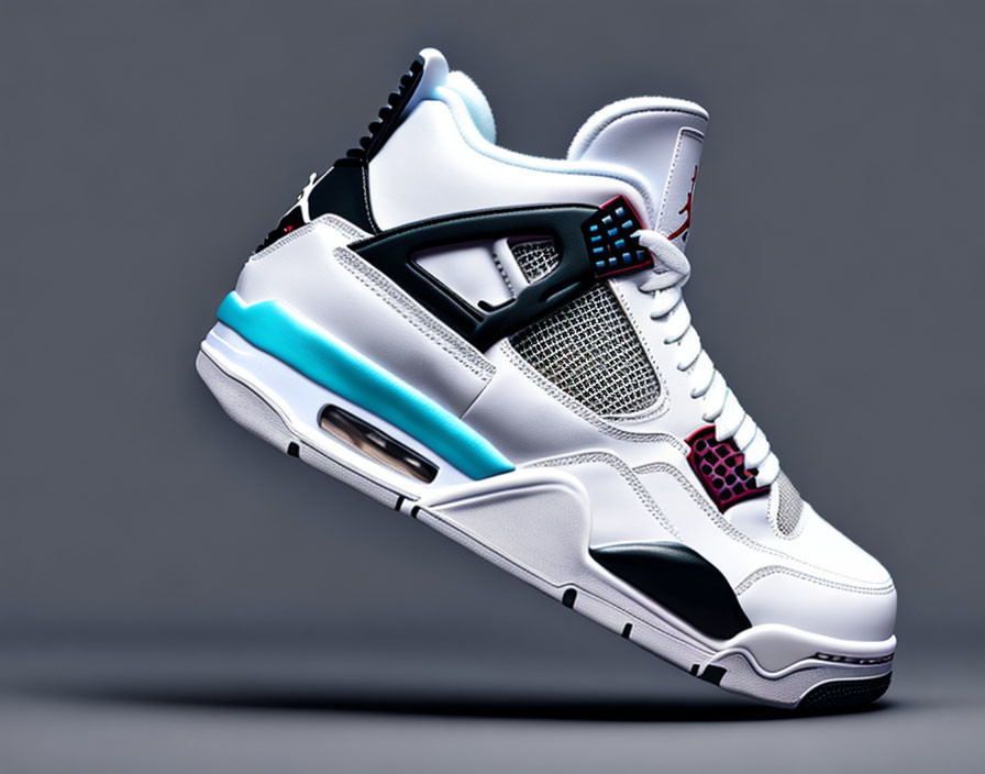 White Sneaker with Black Accents and Cyan Heel Clip on Grey Background