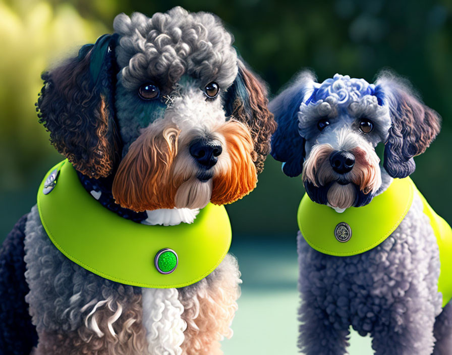 Fluffy dogs with curly fur in green collars on green background