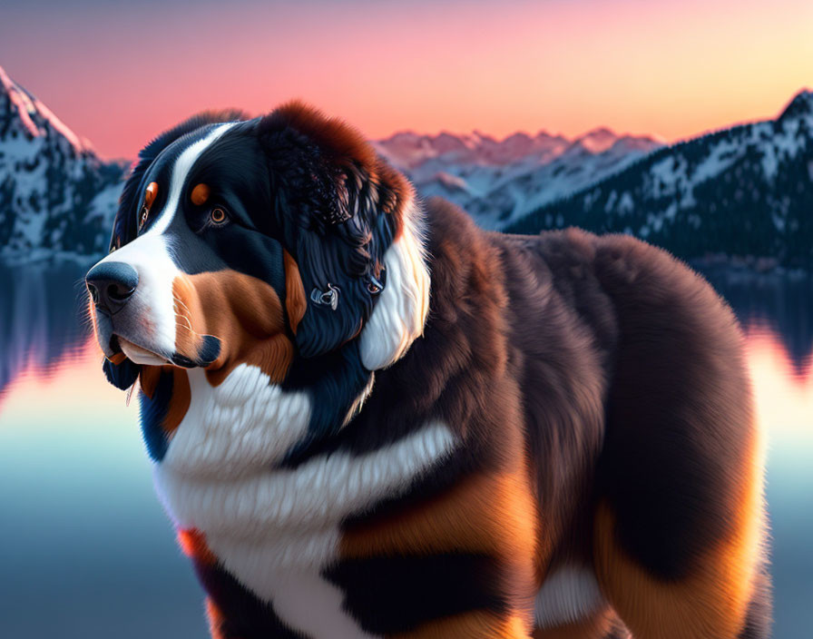 Bernese Mountain Dog by serene mountain lake at sunset