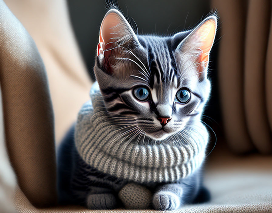 Gray Kitten in Blue Eyes and Gray Sweater on Couch