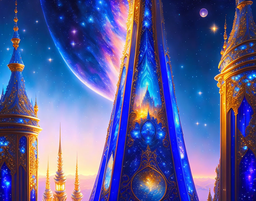 Digital art: Majestic golden spires in cosmic sky with planets, stars, and vibrant blue neb