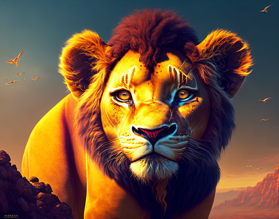 Vibrant blue-eyed lion with painted face markings against warm amber sky