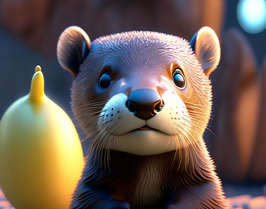 Detailed 3D rendered otter with fur beside yellow rubber duck