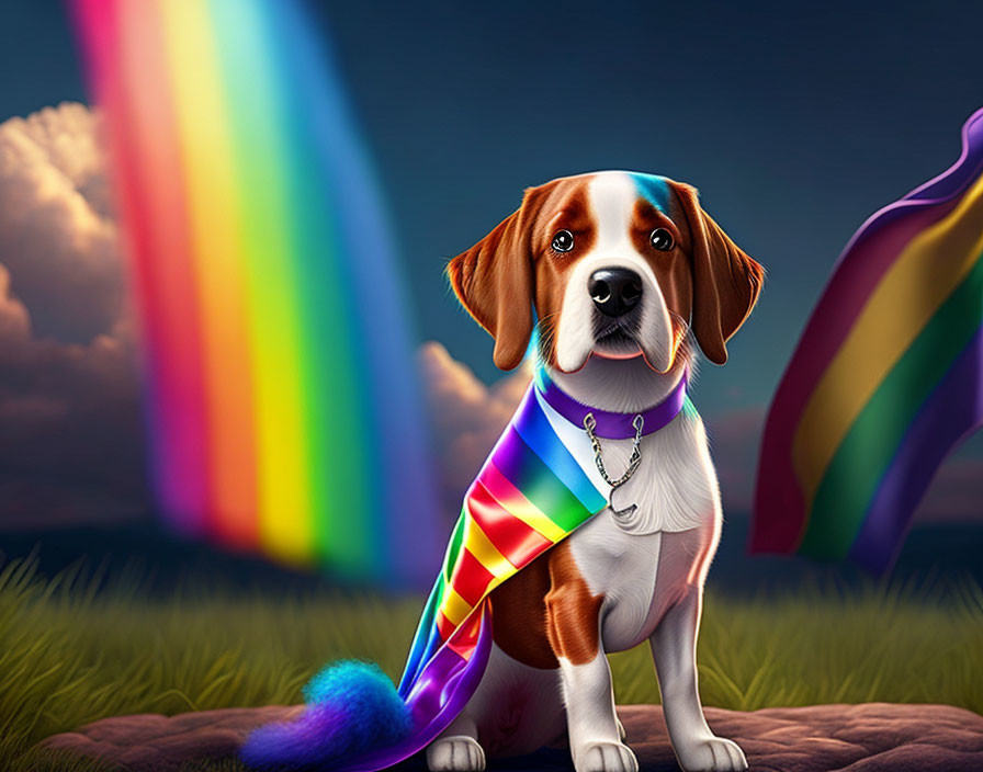 Beagle wearing rainbow scarf in colorful field