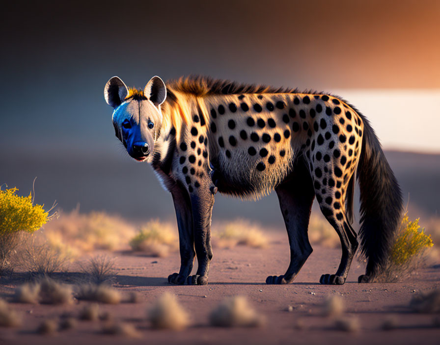 Spotted hyena in golden-lit savanna with attentive gaze