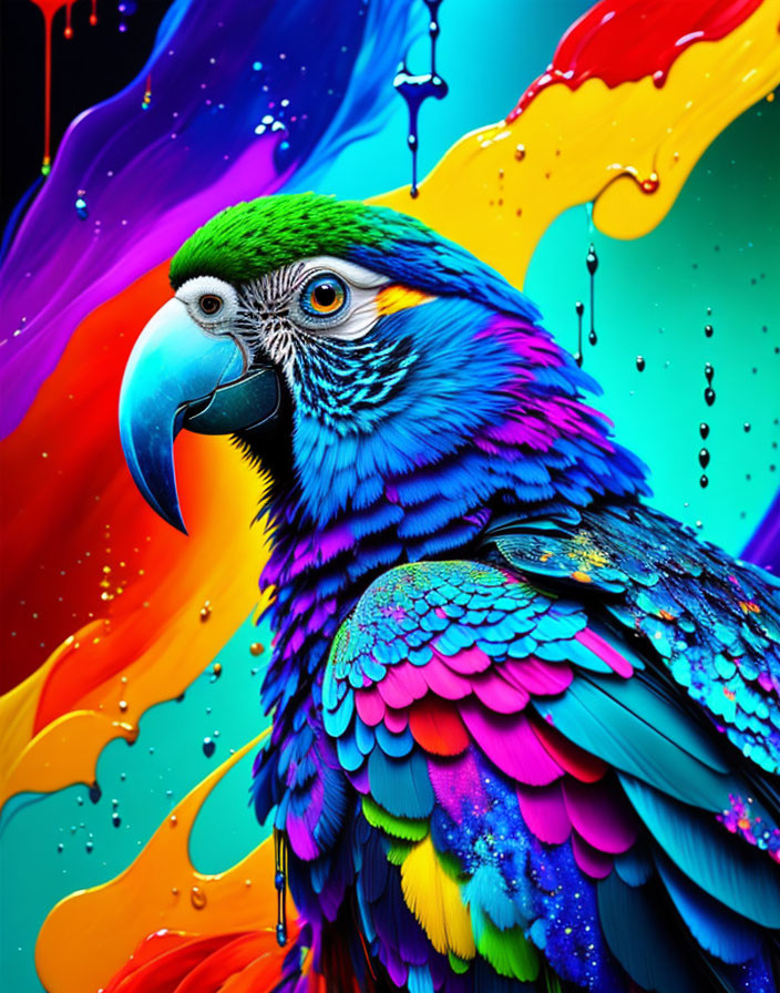 Colorful Macaw on Multicolored Paint Background