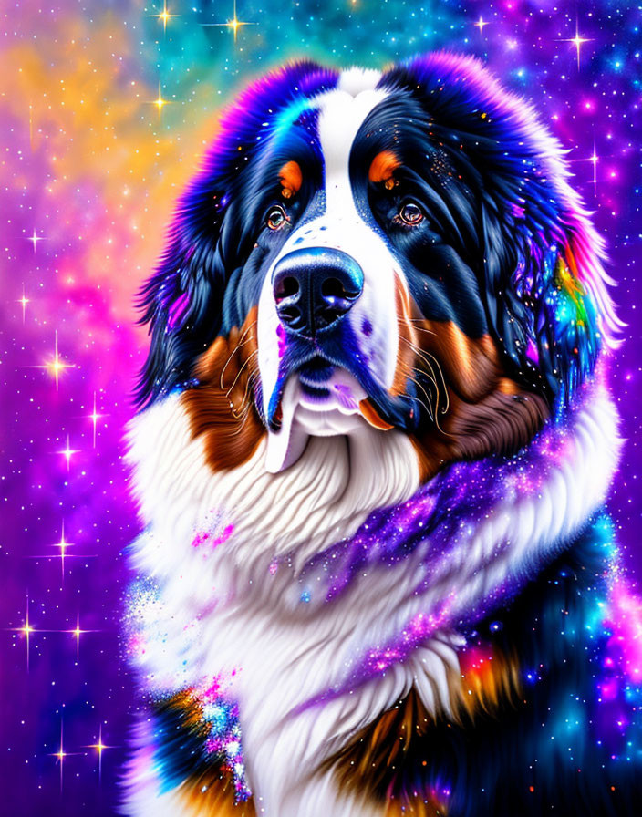 Colorful Bernese Mountain Dog in Cosmic Scene