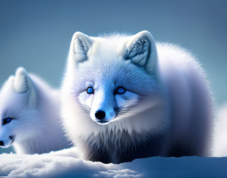 White Foxes with Bright Blue Eyes in Snowy Scene