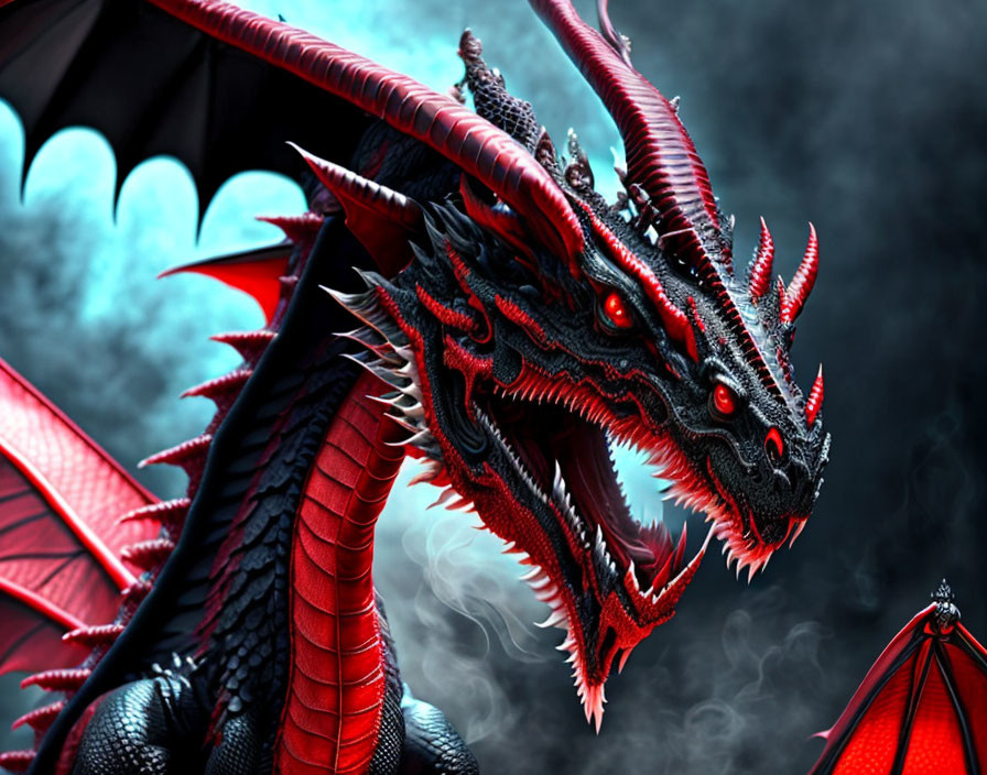 Red and Black Dragon with Glowing Eyes and Extended Wings in Smoky Scene