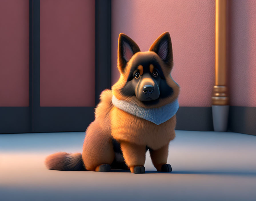 Adorable animated German Shepherd puppy with blue collar indoors