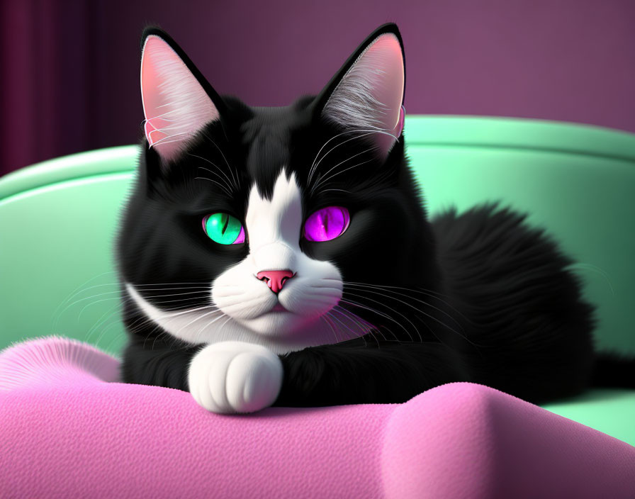 Monochrome Cat with Green Eyes on Pink Blanket