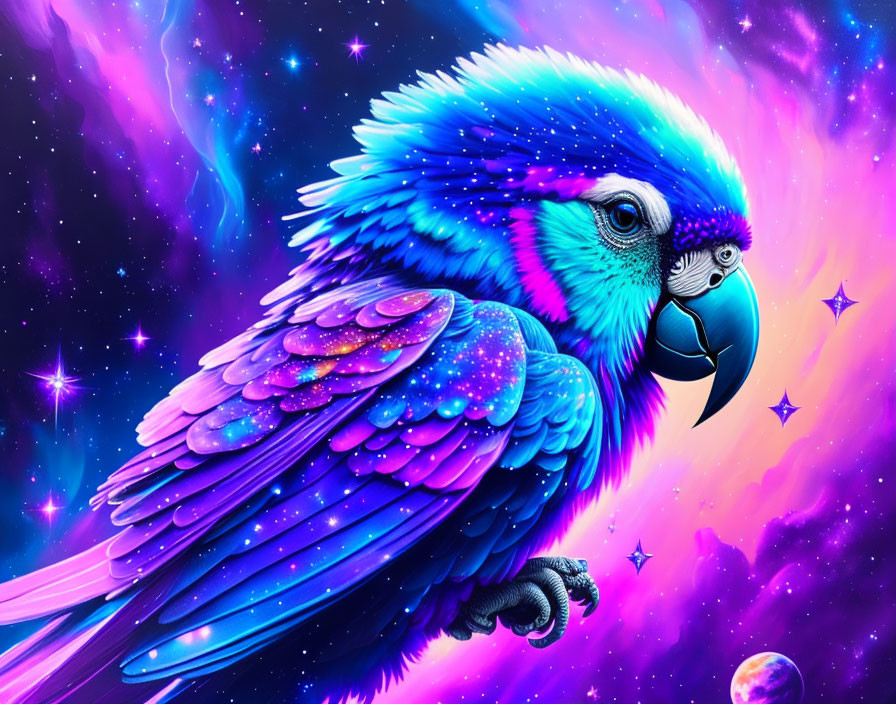 Colorful cosmic-themed parrot digital artwork with starry space background