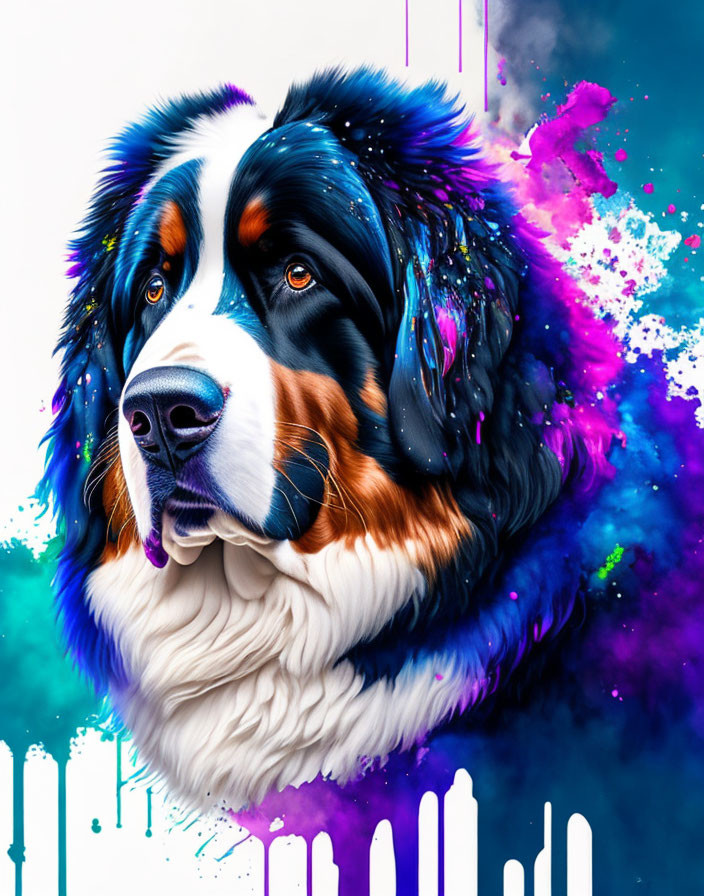 Vibrant Bernese Mountain Dog illustration with blue and purple hues