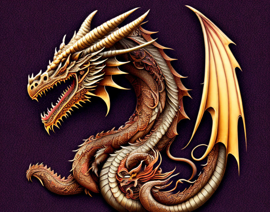 Detailed illustration of fierce golden dragon with elaborate scales and large wings on dark purple background