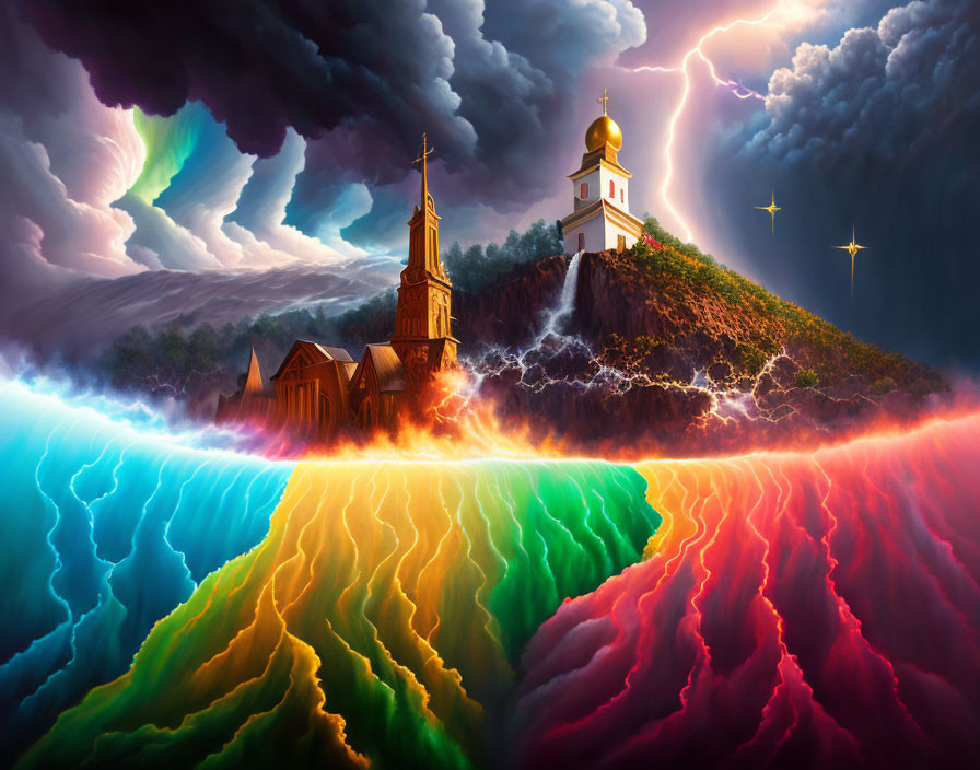 Colorful surreal landscape: church on rocky hill, vibrant waves, starry sky, lightning, green