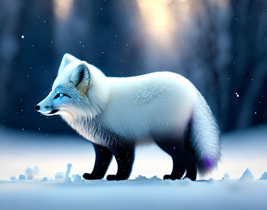 Arctic Fox in Snowy Landscape with Falling Snowflakes