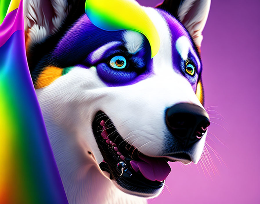 Colorful Husky Digital Artwork on Purple Background