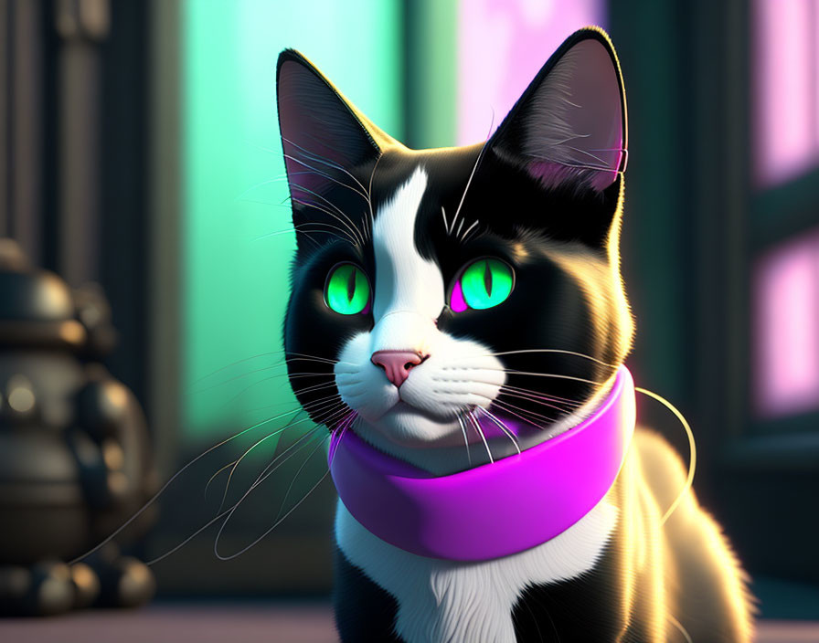 Black and white cat with green eyes and purple collar in colorful indoor setting