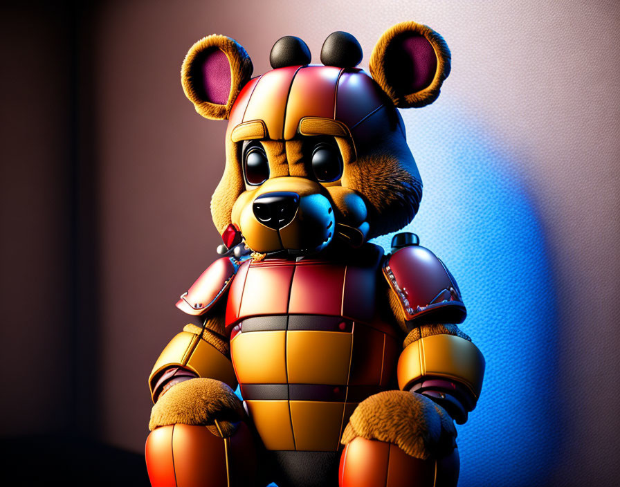 Stylized 3D-rendered robotic bear with bow tie and segmented joints