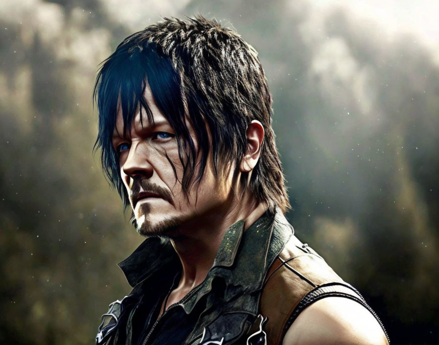 Intense gaze man with dark hair in black tank top and leather vest, misty trees.