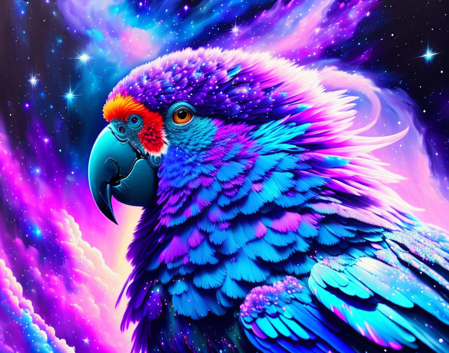 Colorful Parrot Digital Artwork Against Cosmic Starry Background