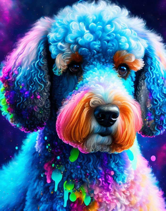 Close-up Vibrant Dog Portrait with Blue Spectrum and Paint-Like Drips