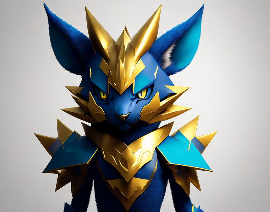 Blue and Gold Stylized Feline Creature with Angular Armor