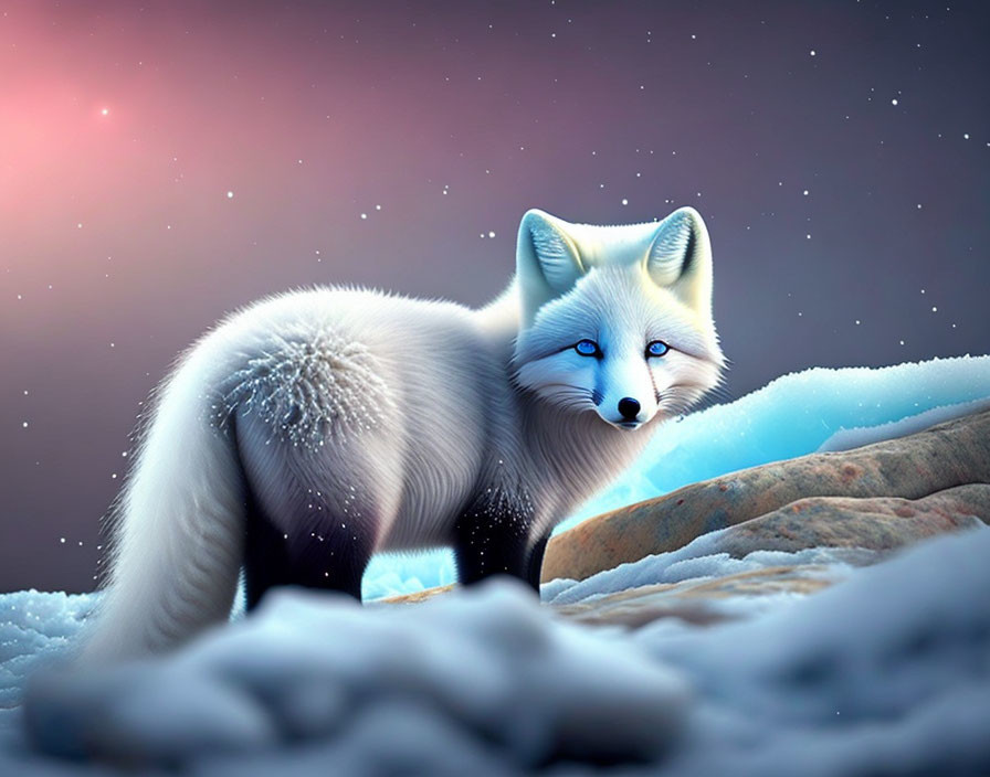 White Fox with Blue Eyes in Snowy Twilight Scene