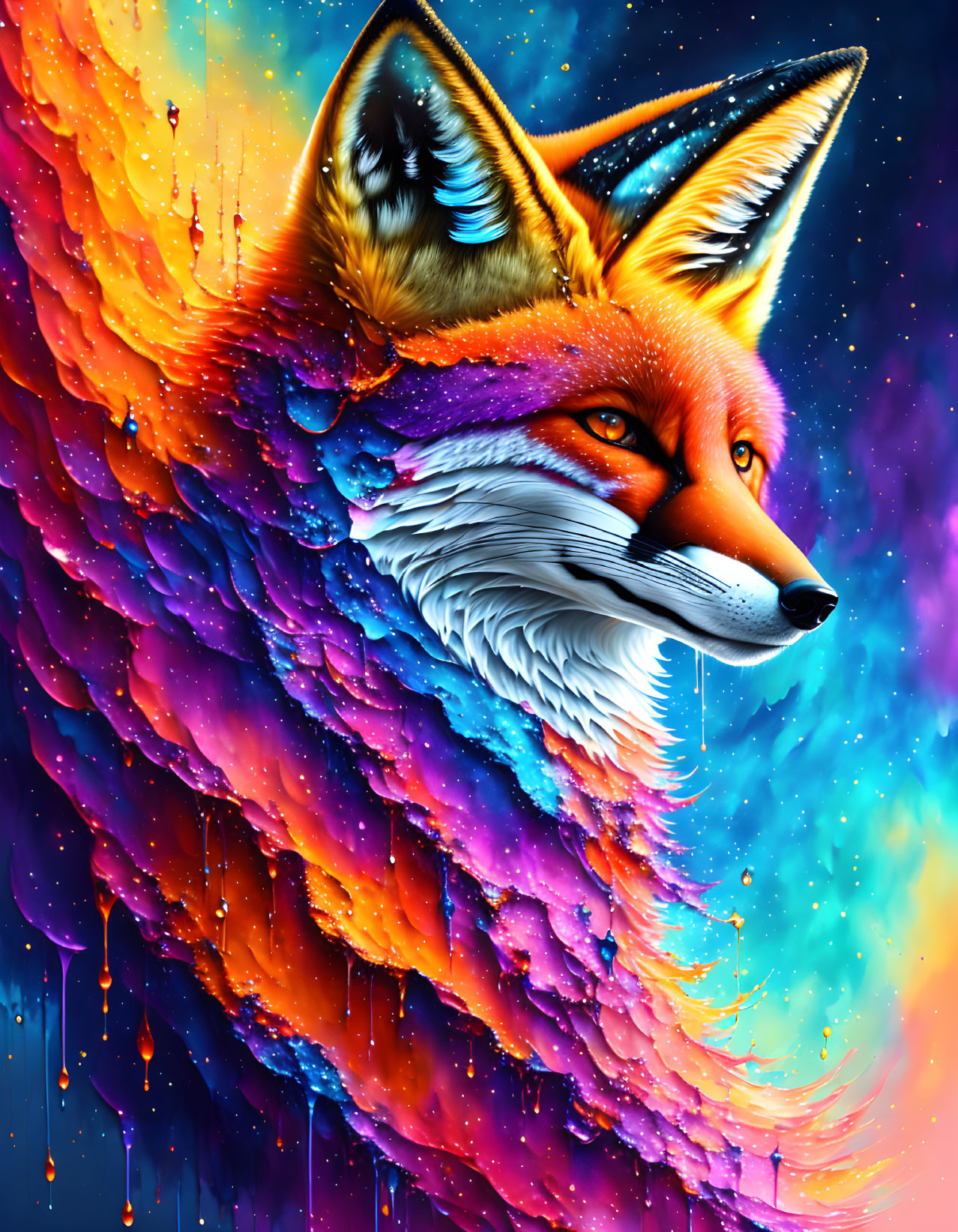 Colorful Fox Artwork with Fiery Oranges & Cosmic Blues