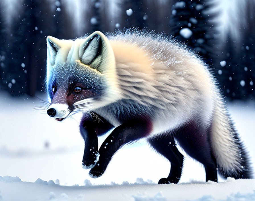 Fluffy fox in snowy landscape with snow-covered trees