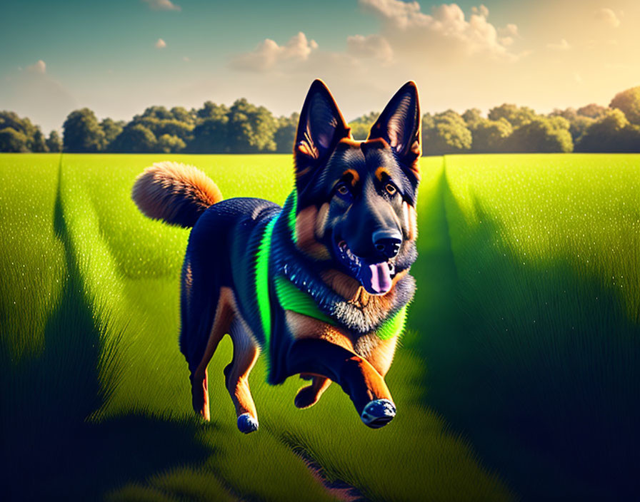 German Shepherd Dog Trotting Through Vibrant Green Field