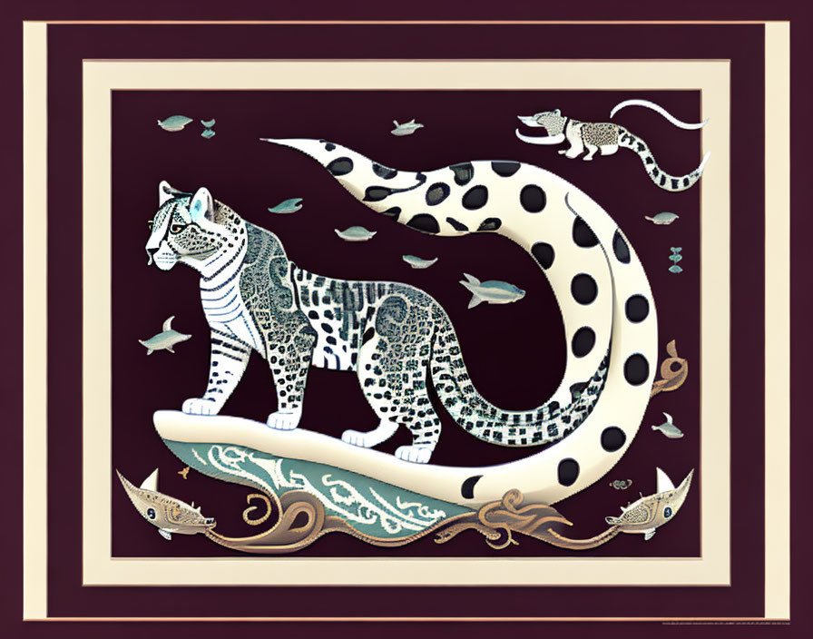 Stylized artwork of two leopards on waves with fish in elegant frame