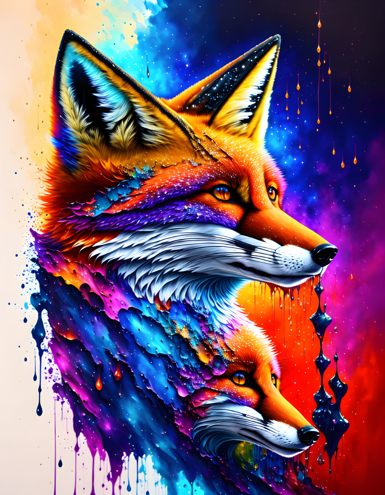 Colorful Fox Faces Artwork with Dynamic Paint Drips