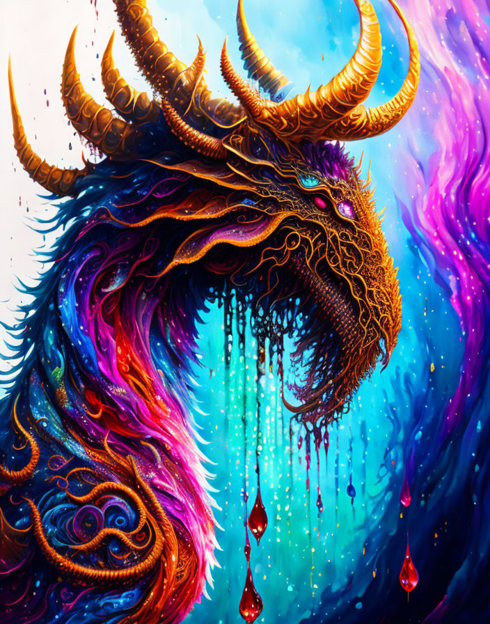 Colorful dragon art with cosmic background & intricate details