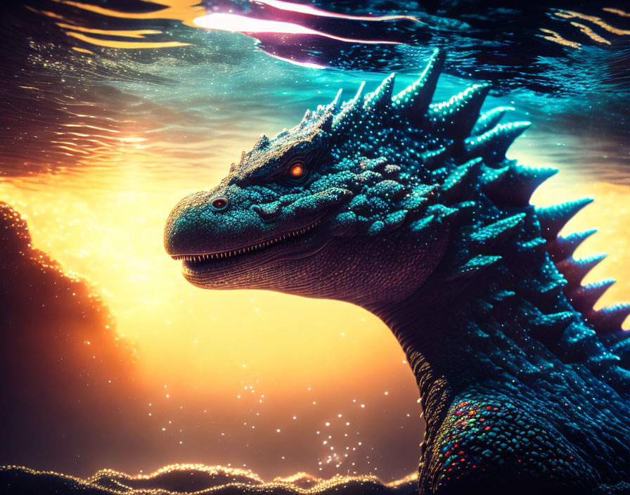 Colorful Digital Artwork: Dragon Head Rising from Sunset Water