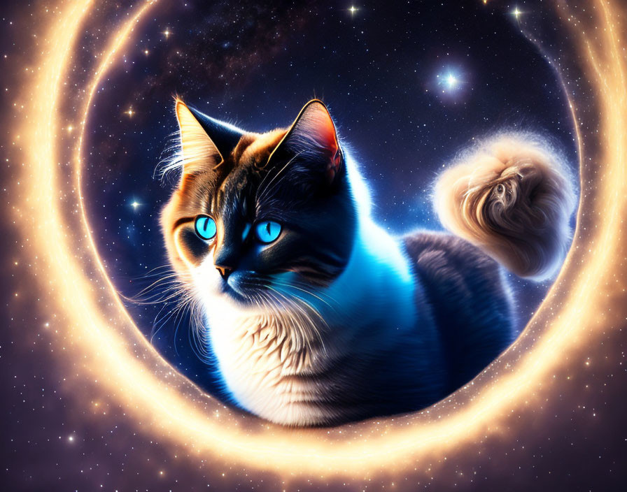 Majestic cat with blue eyes against cosmic backdrop