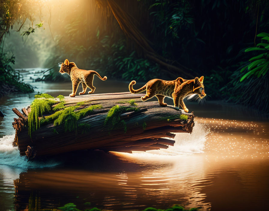 Leopards on Moss-Covered Log in Misty Jungle